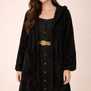 Black Shaggy Eyelash Hoodie Open Front Cardigan Sweater